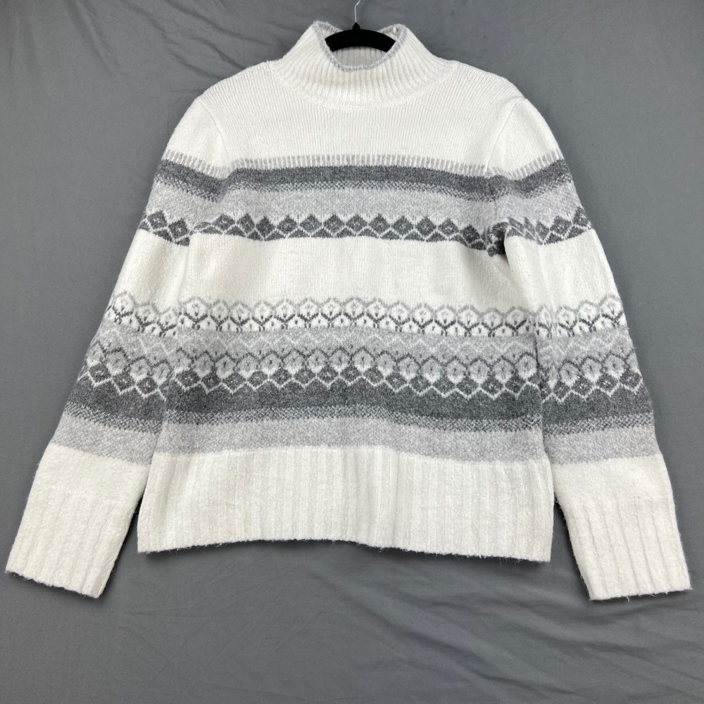 Aspen Sweater Womens Large Fair Isle Mock Neck White Gray Knit Pullover Good